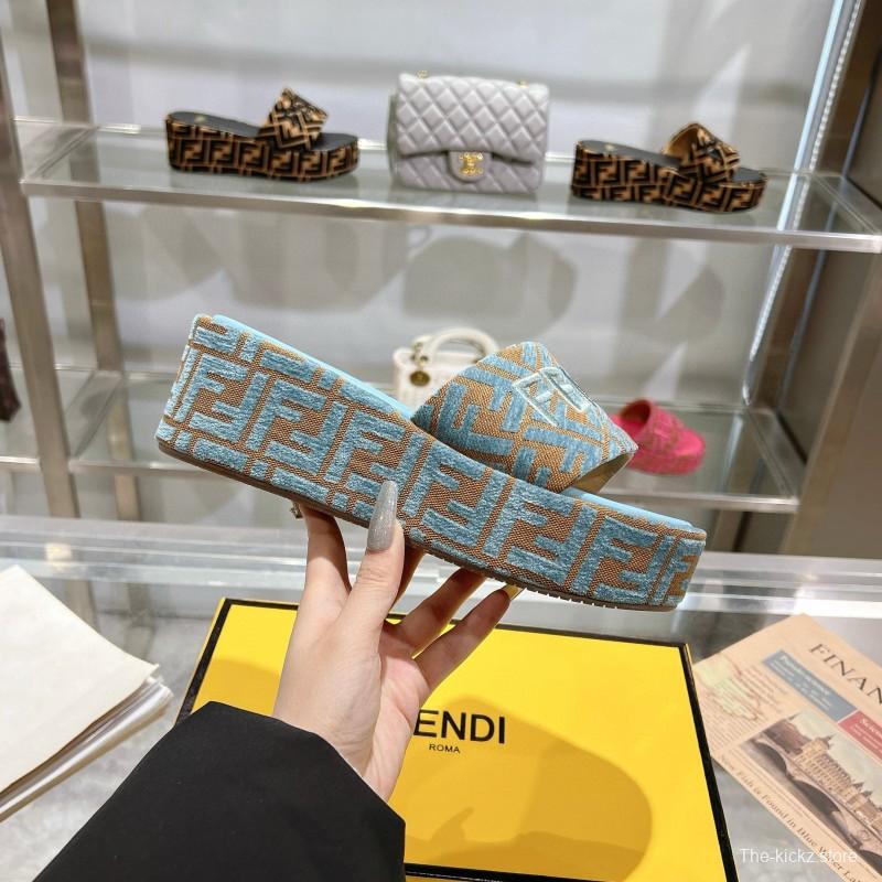 2025 Women Fendi Blue Brown Canvas Slippers