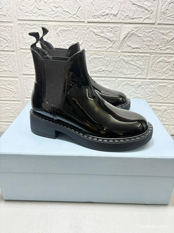 2024 Unisex Prada Black Patent Calf Leather Cowhide Leather Ankle Boots MJ00380