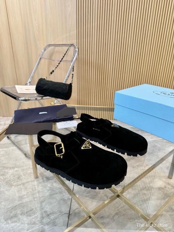 2025 Women Prada Black Suede Sandals