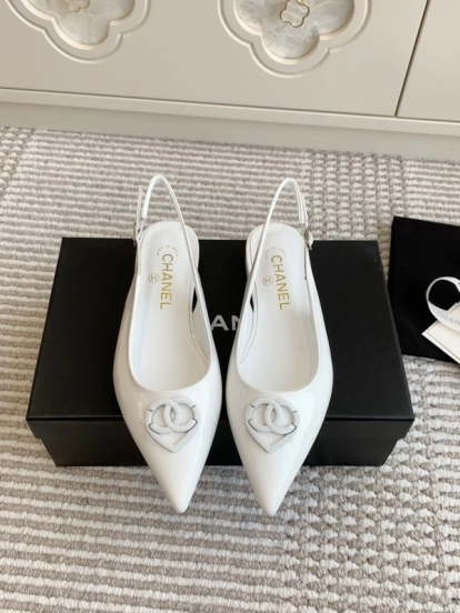 2025 Women Chanel White Leather Slingback Pointed Toe Heart Double C KFY00300
