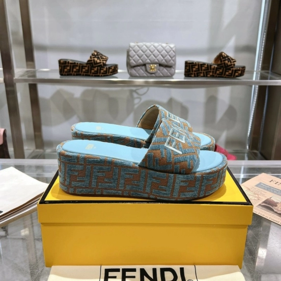 2025 Slippers Fendi Blue Brown Canvas FF Jacquard Platform FJ00321