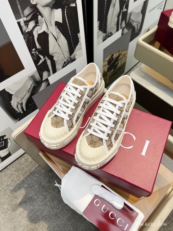 2025 Women Gucci Beige Brown Canvas Platform Sneakers Non-heritage Layered Stitching LY00270