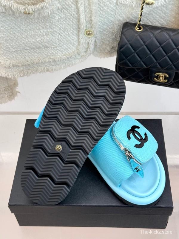 2025 Slippers Chanel Blue Fabric Slippers KFY00220