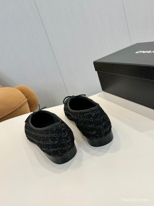 2025 Women Chanel Black Wool Ballet Flats LY00250