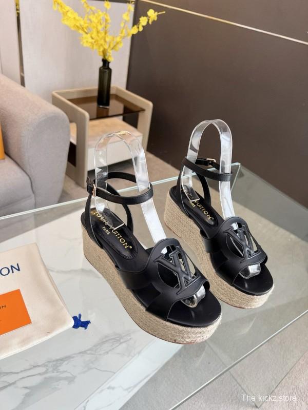 2025 Women Louis Vuitton Black Leather Espadrilles Sandals MJ00280