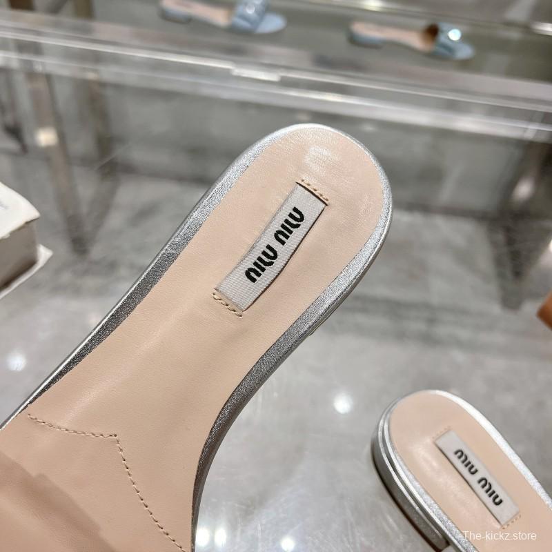 2025 Women Miumiu Silver Metallic Leather Slippers