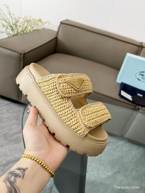 2025 Prada Beige Raffia Slippers LY00290