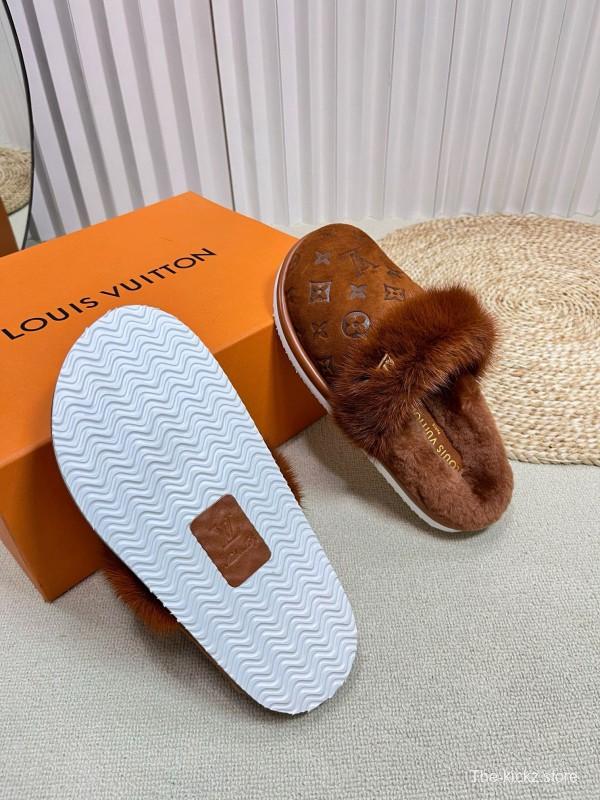 2024 Slippers Louis Vuitton Brown Suede Shearling Slippers MJ00340