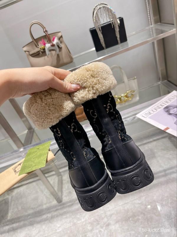 2024 Women Gucci Black Shearling Leather Snow Boots MJ00420