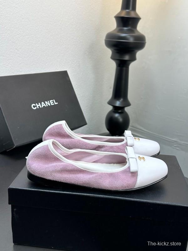 2025 Women CHANEL White Purple Leather Bow Ballet Flats Unisex LY00360(F)
