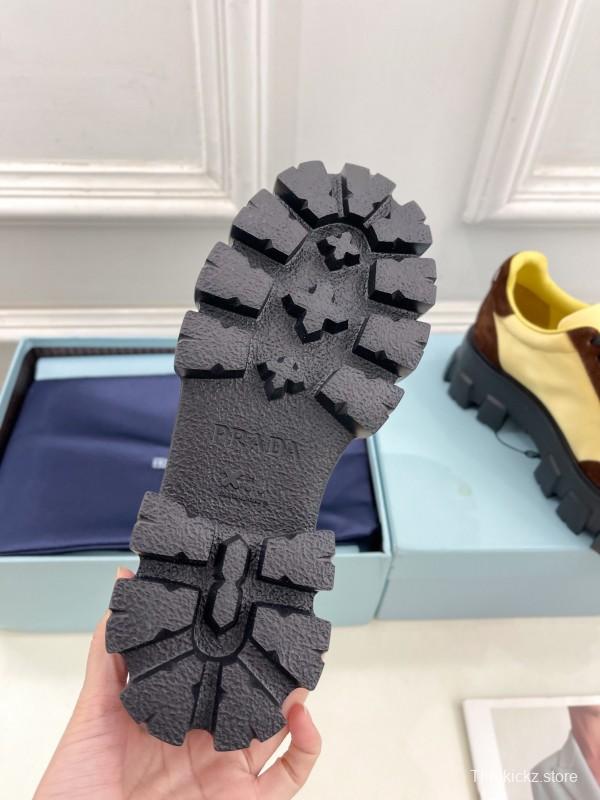 2025 Unisex Prada Yellow Brown Suede Silk Sneakers KFY00310(F)/KFY00330(M)