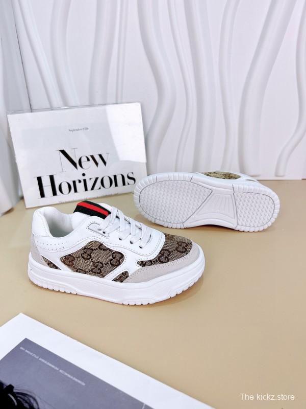 2024 Kids Gucci White Brown Cotton Leather Sneakers