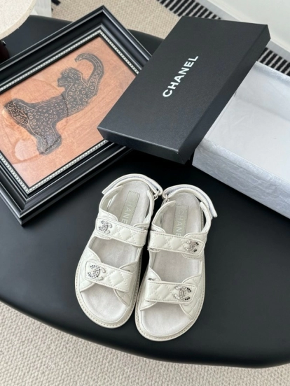 2025 Women Chanel White Leather Sandals LY00320