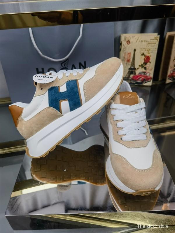 2025 Unisex HOGAN White Beige Blue Leather Suede Platform Sneakers H-STRIPES LY00360(F)/LY00370(M)