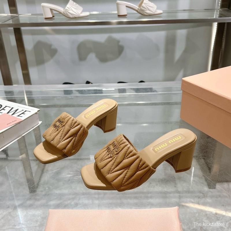 2025 Women Miu Miu Beige Lambskin Heeled Sandals MDR00123