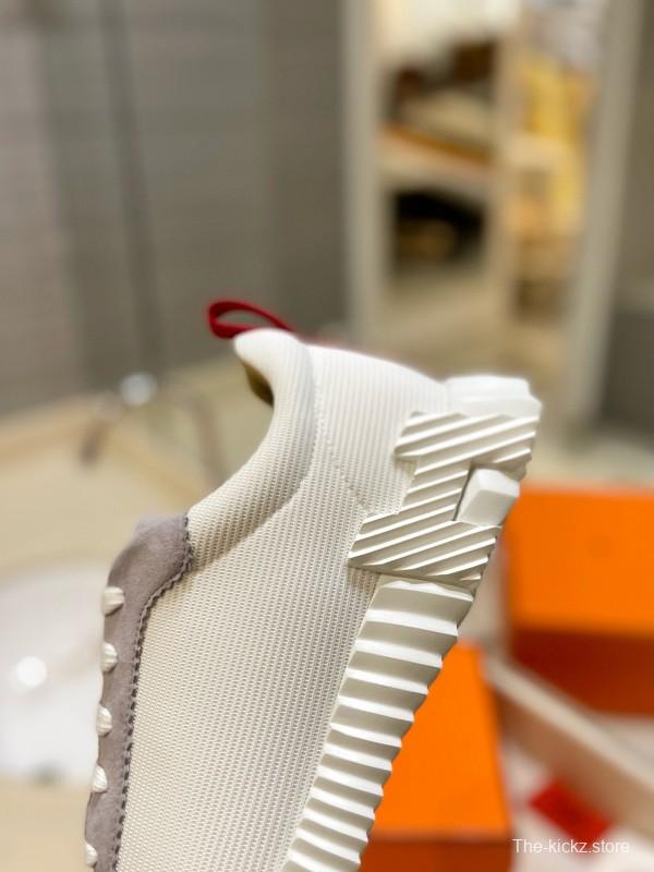 2024 Unisex Hermès White Grey Silk Leather Sneakers MJ00320