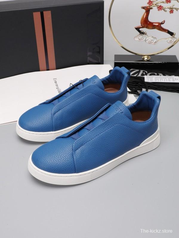 2024 Men Ermenegildo Zegna Blue Leather Low Top Sneakers MJ00240