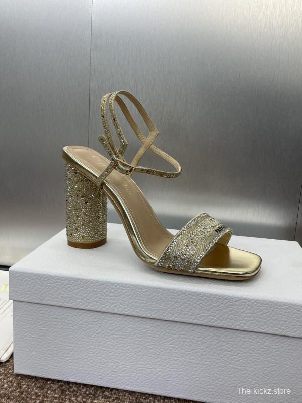 2025 Women Dior Gold Crystal Embellished Leather Sandals KFY00320