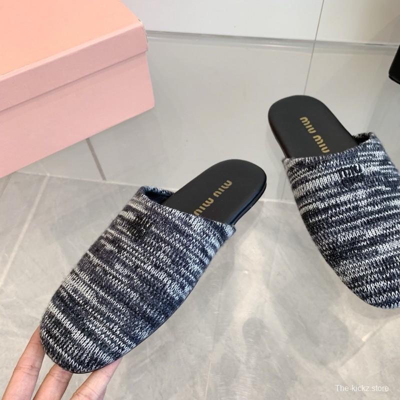 2025 Women Miu Miu Black White Knit Leather Slippers