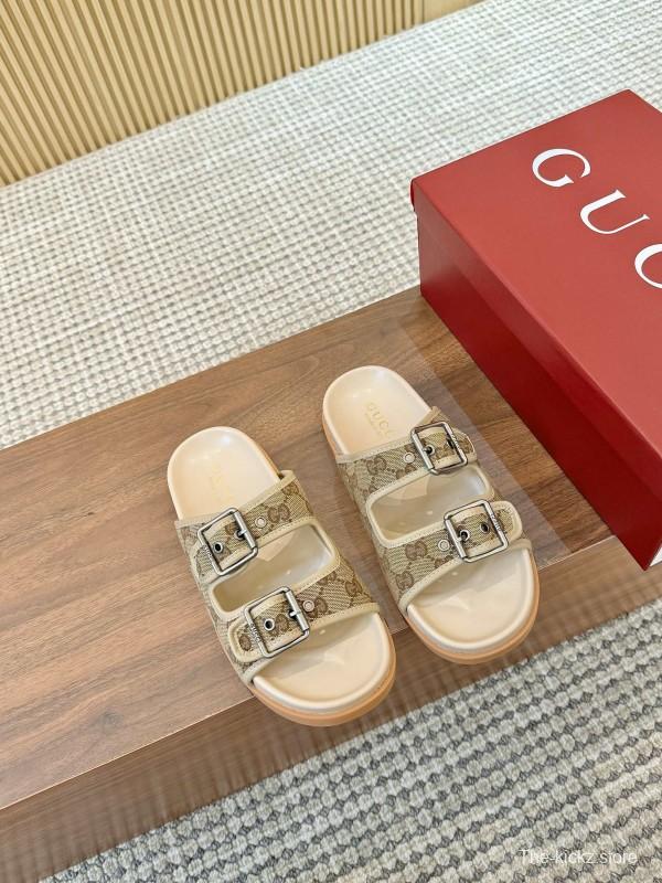 2025 Women Gucci Beige Canvas Leather Slippers LY00360