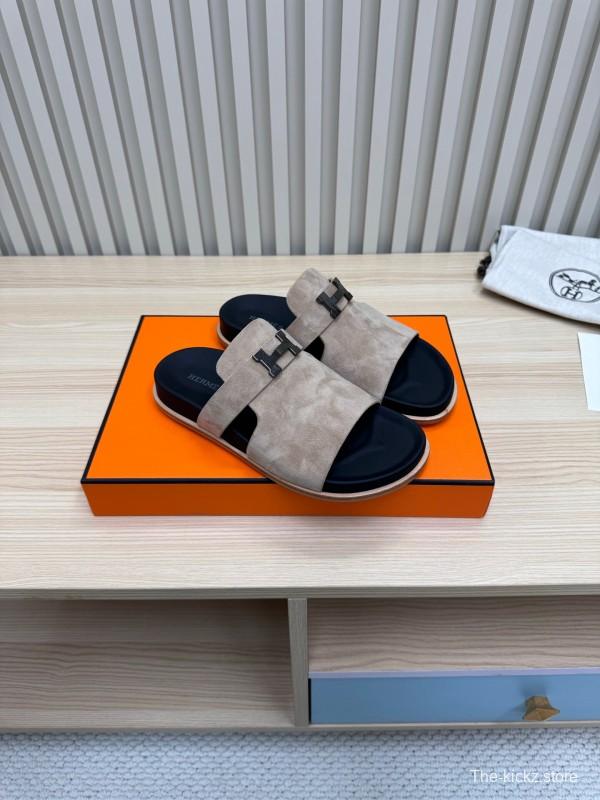 2025 Slippers Hermès Sand Beige Suede Double Strap