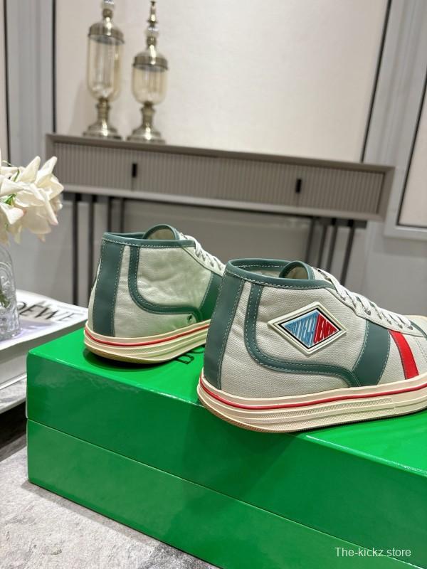 2025 Women Bottega Veneta Green White Red Canvas Leather High Top Sneakers
