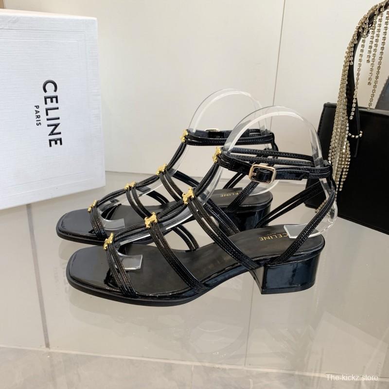 2025 Women Celine Black Patent Leather Sandals