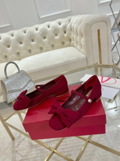 2025 Women Valentino Red Fabric Mary Jane Bow Flat LY00300