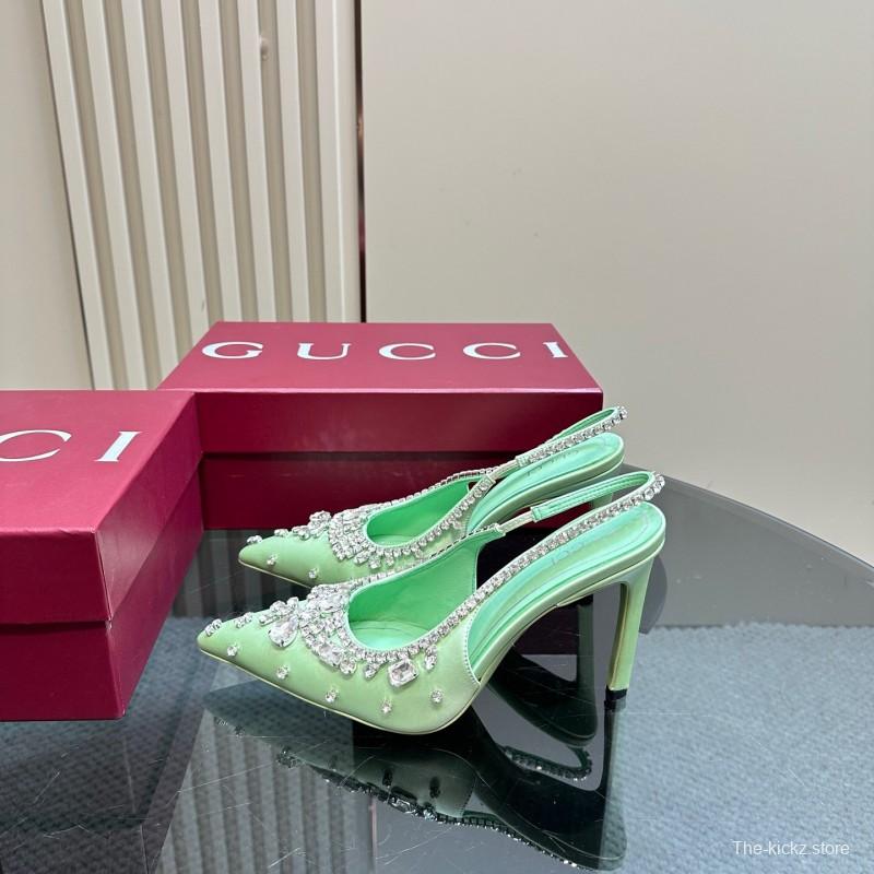 2025 Women Gucci Green Satin Slingback High Heel Crystal Embellished KFY00340