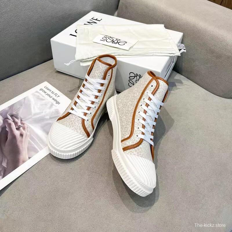 2025 Women Loewe White Brown Canvas High-top Sneakers LY00420