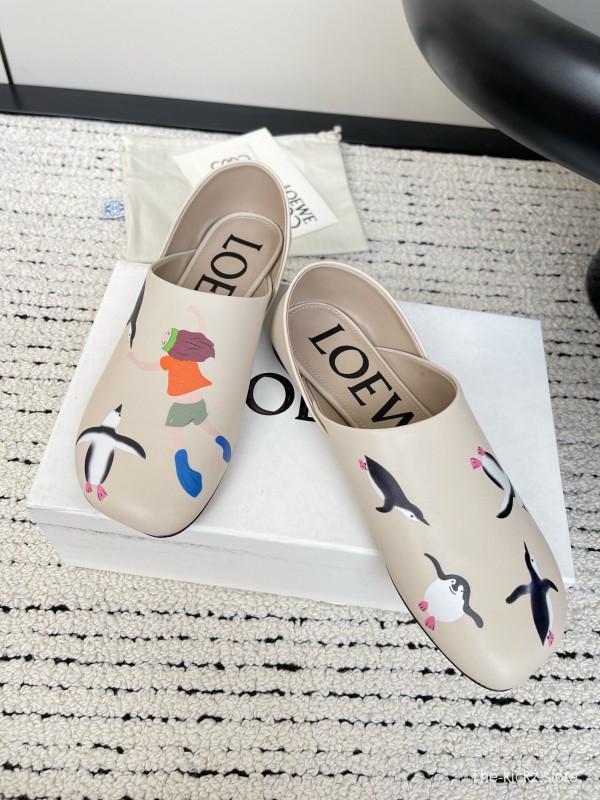 2025 Women Loewe Beige Lambskin Slippers Whale Pattern