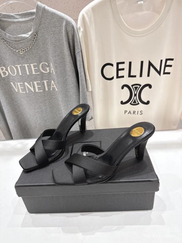 2025 Women Yves Saint Laurent Black Leather High Heel Slide Sandals With Gold Medallion Detail - LY00360(F)