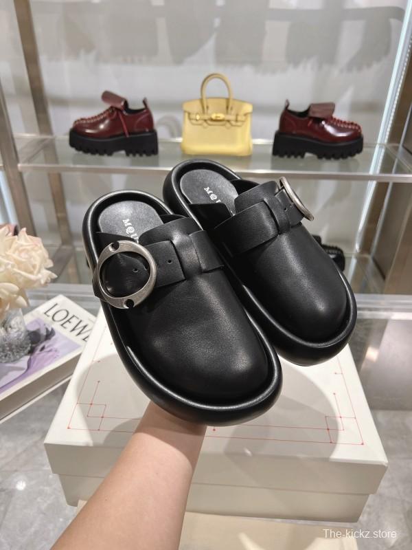2025 Unisex Alexander McQueen Black Leather Mule Shoes Flexion Anatomical Sole KFY00300