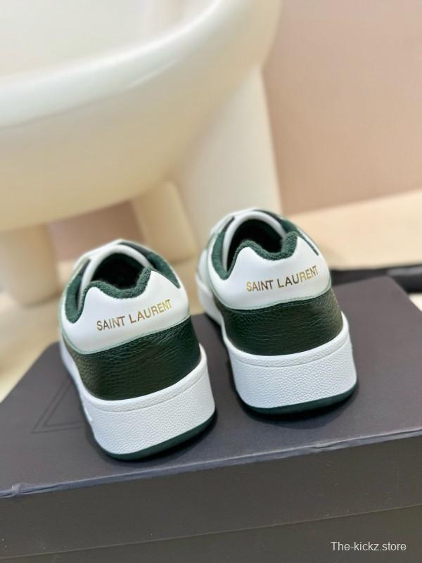 2024 Unisex Yves Saint Laurent White Dark Green Leather Silk Cowhide SL61 Casual Shoes Perforation MJ00350