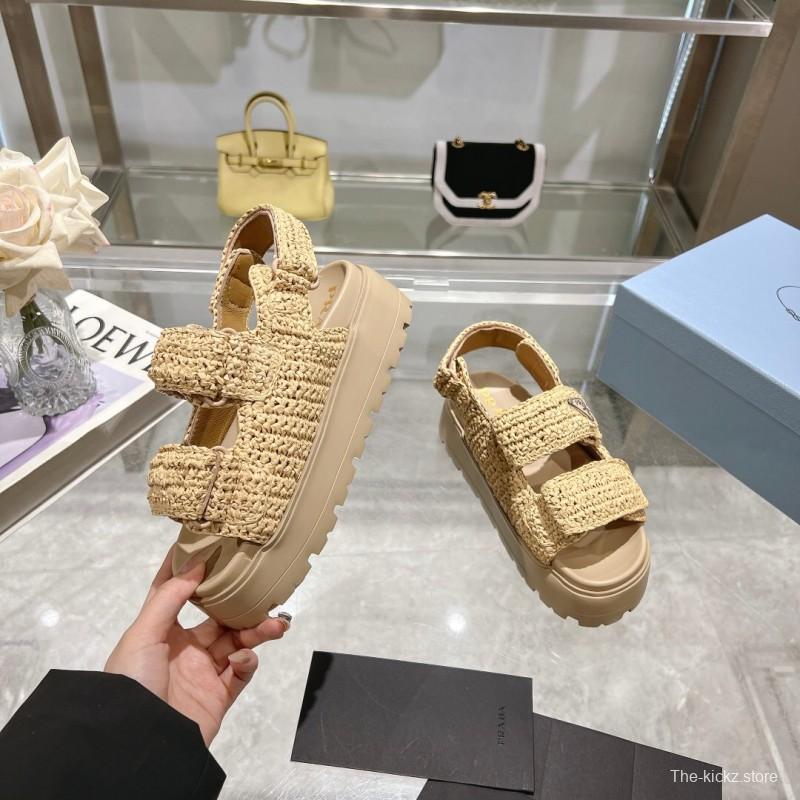 2025 Women Prada Beige Woven Leather Platform Sandals
