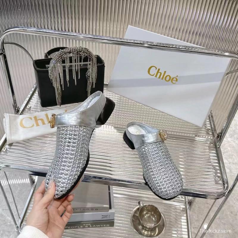 2025 Women Chloé Silver Leather Woven Slippers