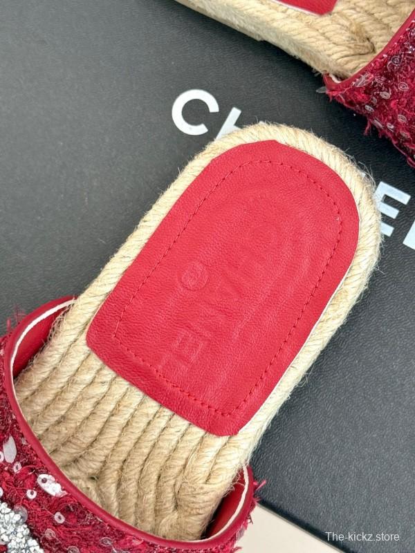 2025 Women Chanel Red Sequin Espadrille Slides Classic Craftsmanship KFY00240(F)