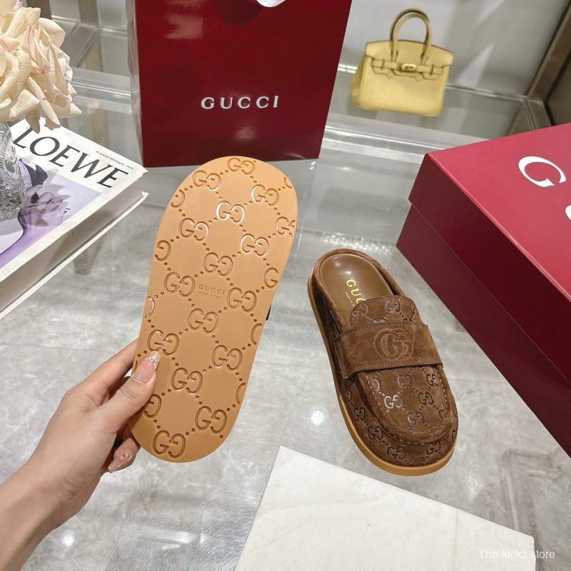 2025 Women Gucci Dark Brown Suede Mule Embossed GG LY00270