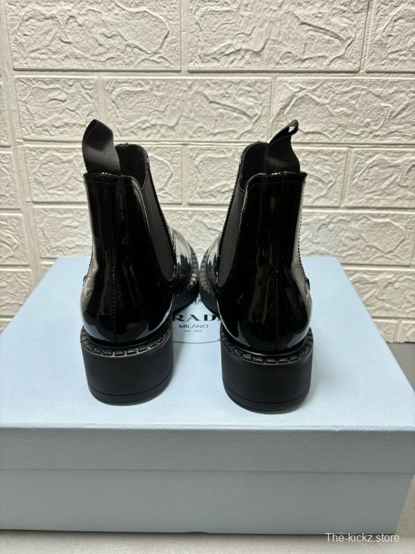 2024 Women Prada Black Patent Leather Ankle Boots MJ00360