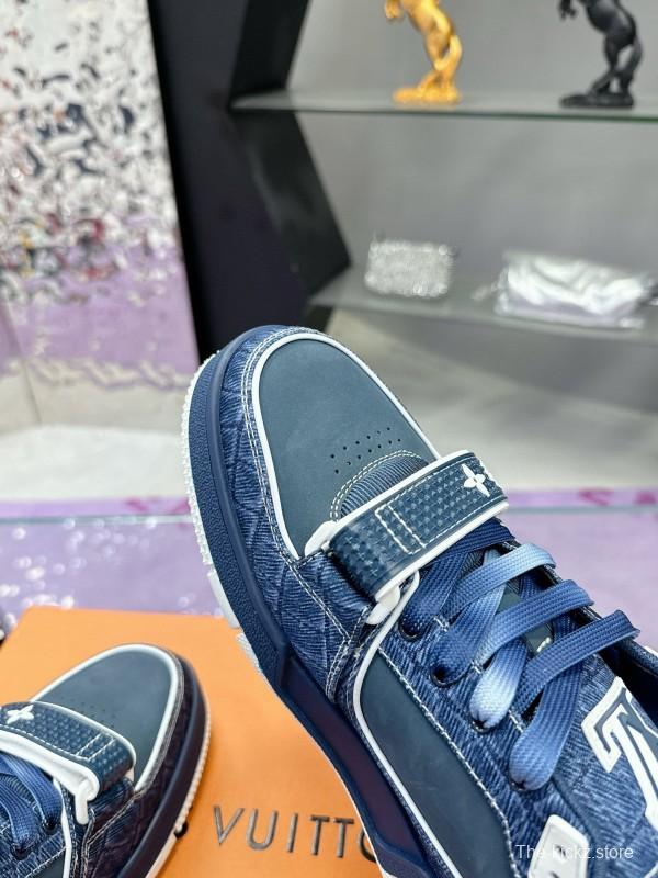 2024 Men Louis Vuitton Blue Denim Calfskin Silk Plimsolls Washed MJ00410
