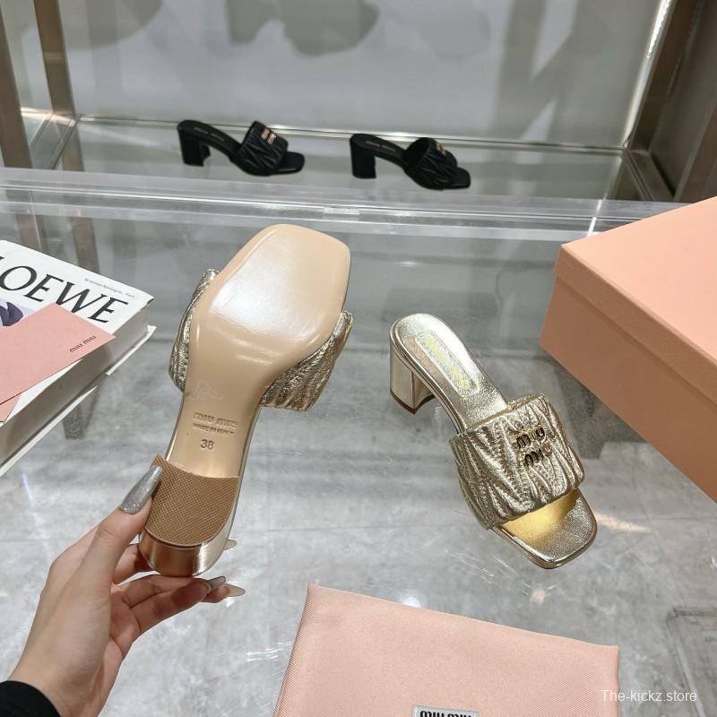 2025 Women Miumiu Gold Leather Sandals