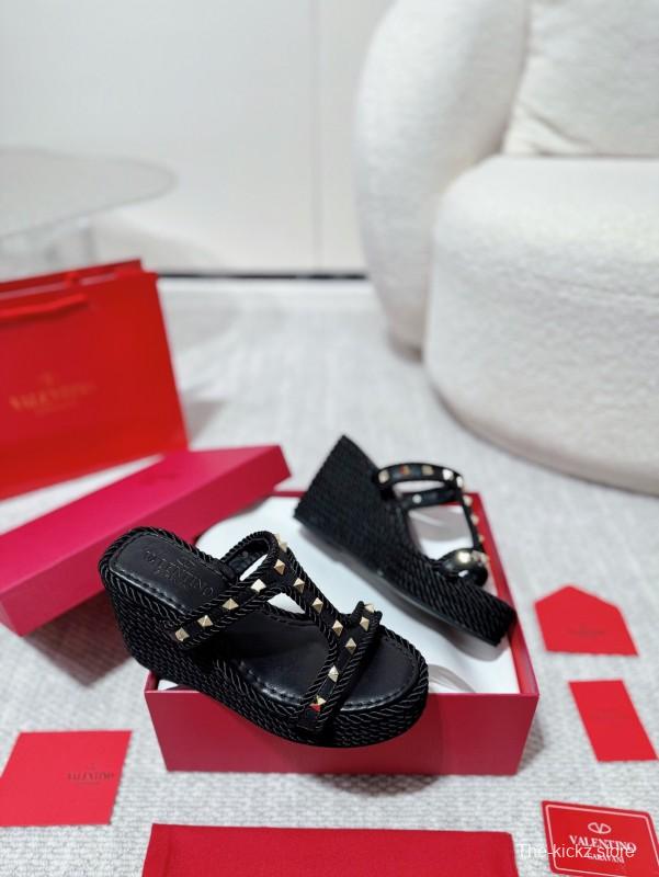 2025 Women Valentino Black Leather Wedge Sandals Studded LY00290