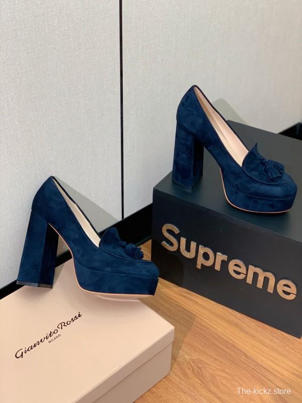 2025 Women Gianvito Rossi Navy Suede Platform Loafers KFY00330