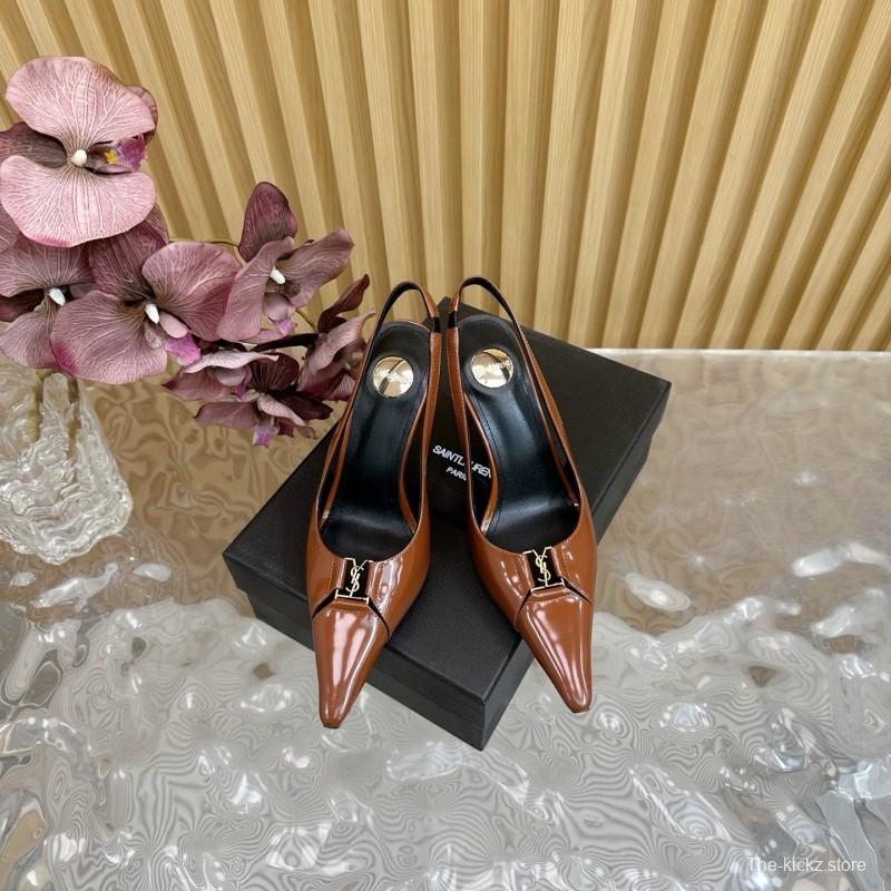 2025 Women Yves Saint Laurent Brown Patent Leather Slingback Heels