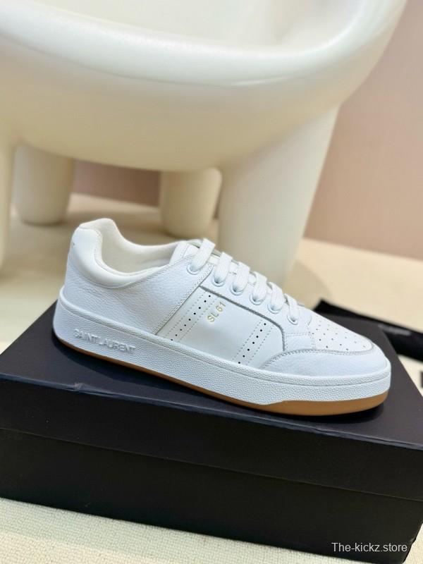 2024 Unisex Yves Saint Laurent White Silk Leather Sneakers SL61 MJ00350