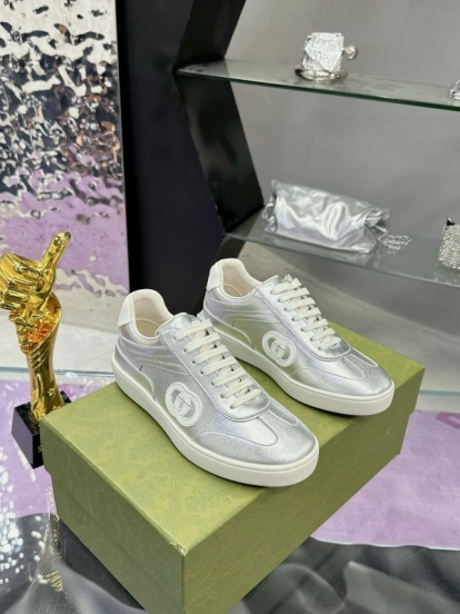 2024 Unisex Gucci Silver White Leather Suede Sneakers MJ00310