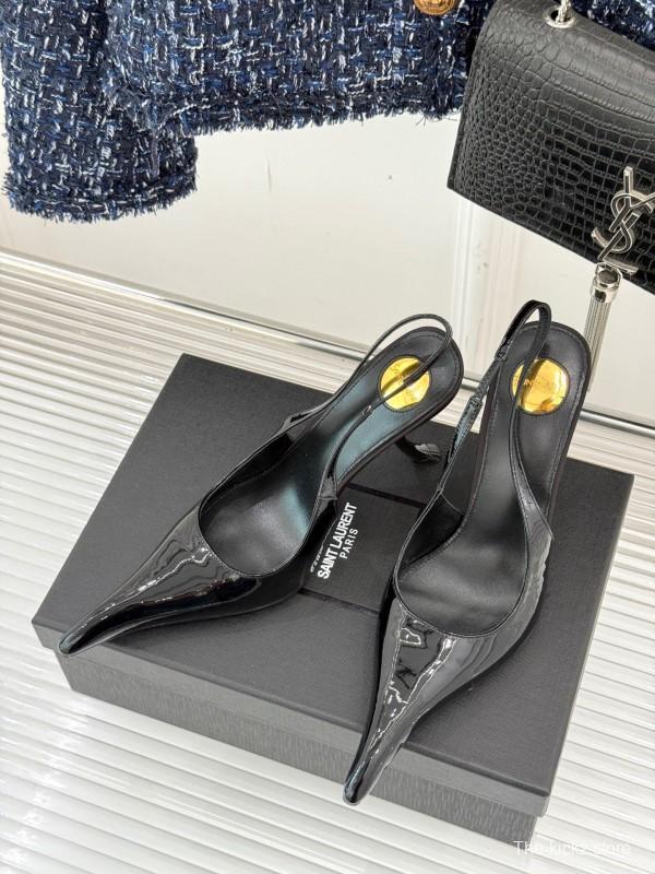2025 Women YSL Black Patent Leather High Heel Slingback KFY00290