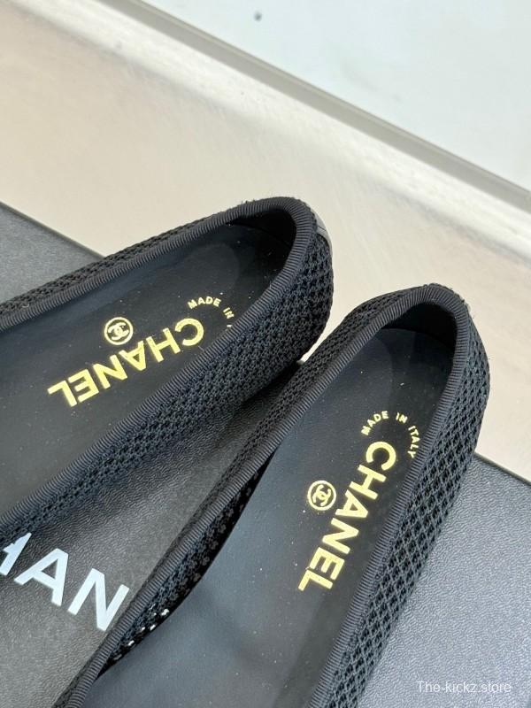 2025 Women Chanel Black White Mesh Leather Ballet Flats KFY00260