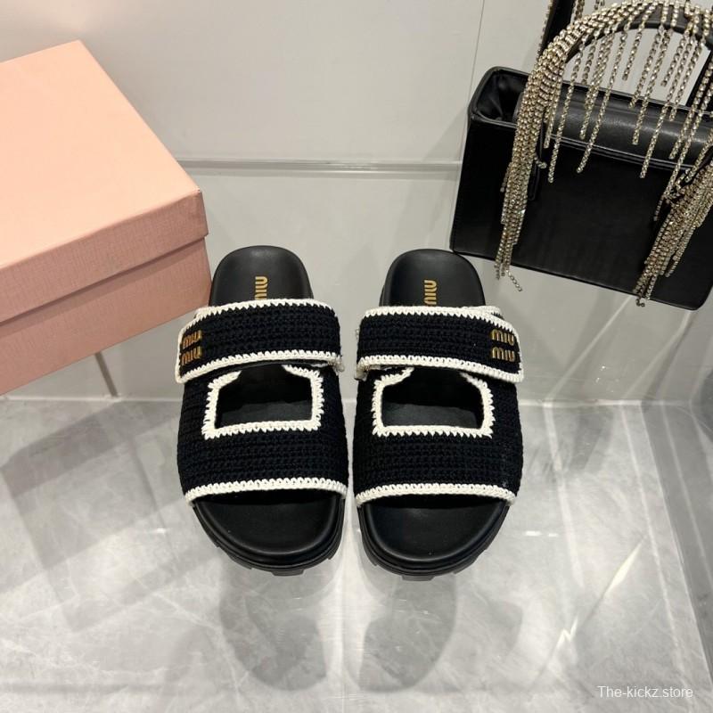2025 Miu Miu Black White Crochet Leather Slippers KFY00290