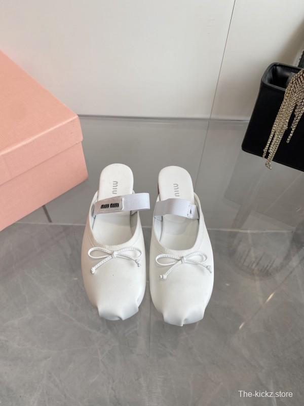 2025 Women Miumiu White Satin Ballet Flats Elastic Band KFY00280